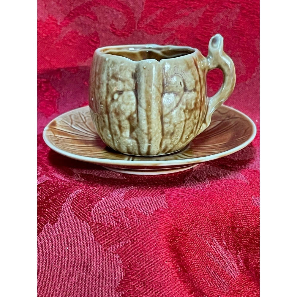 Antique Tree Trunk Demitasse Espresso Cup & Saucer RARE Hand Painted Brown 1930s